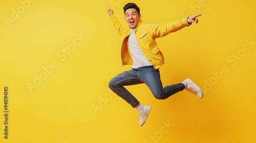 Enthusiastic Asian Man Jumping with Arms Raised Joyfully in Yellow Studio Setting photo