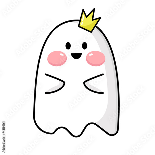 Halloween kawaii happy ghost, spook character smiling face with crown