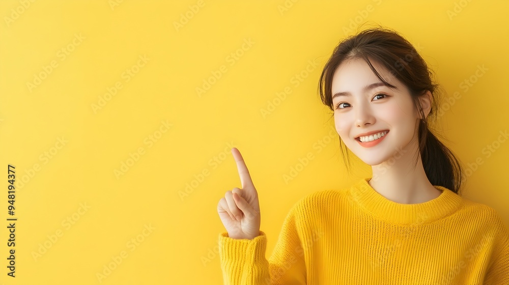 Happy Smiling Asian Woman Cheerfully Pointing on Yellow Background Happy Smiling Asian Woman Cheerfully Pointing on Yellow Background