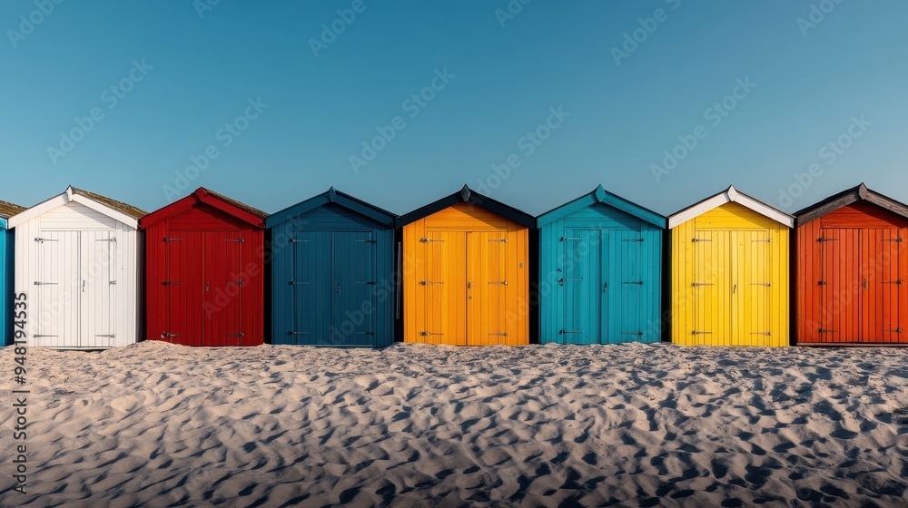 A series of brightly colored beach huts, including white, red, blue, yellow, and orange, are lined up on a sun-drenched sandy beach with a clear sky above. A series of brightly colored beach huts, including white, red, blue, yellow, and orange, are lined up on a sun-drenched sandy beach with a clear sky above.