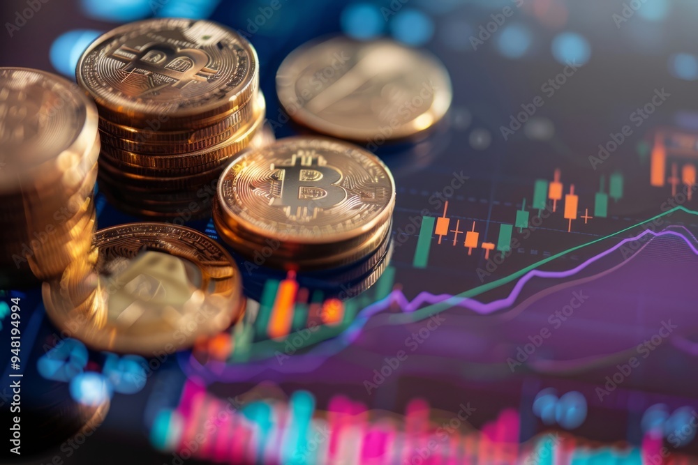 Stacked coins on a financial chart, representing investment, financial growth, and economic analysis Stacked coins on a financial chart, representing investment, financial growth, and economic analysis