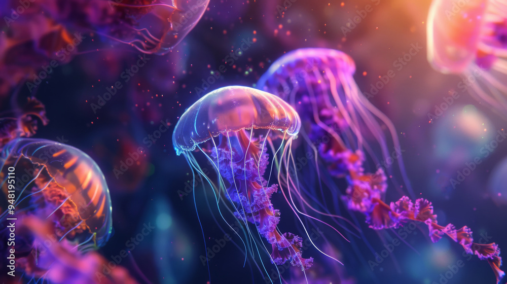 Naklejka premium Ethereal, glowing jellyfish floating in a vibrant, iridescent ocean, creating a surreal underwater landscape.
