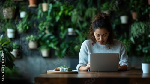 A woman focused on her laptop in a café filled with green plants, representing the blend of productivity and relaxation in a serene environment, harmonizing work with nature. photo