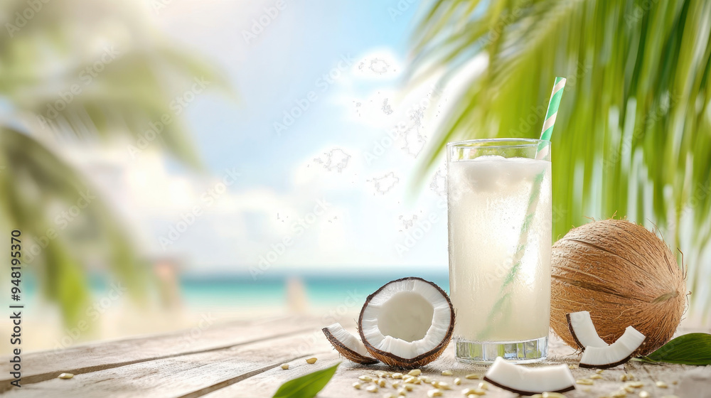 Refreshing coconut drink served in a glass, alongside fresh coconut halves on a wooden table near a tropical beach setting Refreshing coconut drink served in a glass, alongside fresh coconut halves on a wooden table near a tropical beach setting