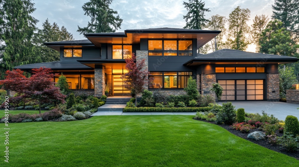 A large house with a green lawn and a driveway A large house with a green lawn and a driveway