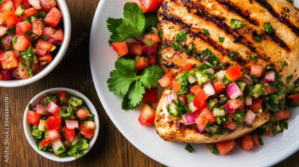 Grilled chicken breast topped with fresh tomato salsa and garnished with cilantro, served on a white plate on a wooden table Grilled chicken breast topped with fresh tomato salsa and garnished with cilantro, served on a white plate on a wooden table