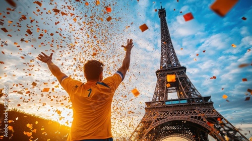 Man Celebrating in Front of the Eiffel Tower photo