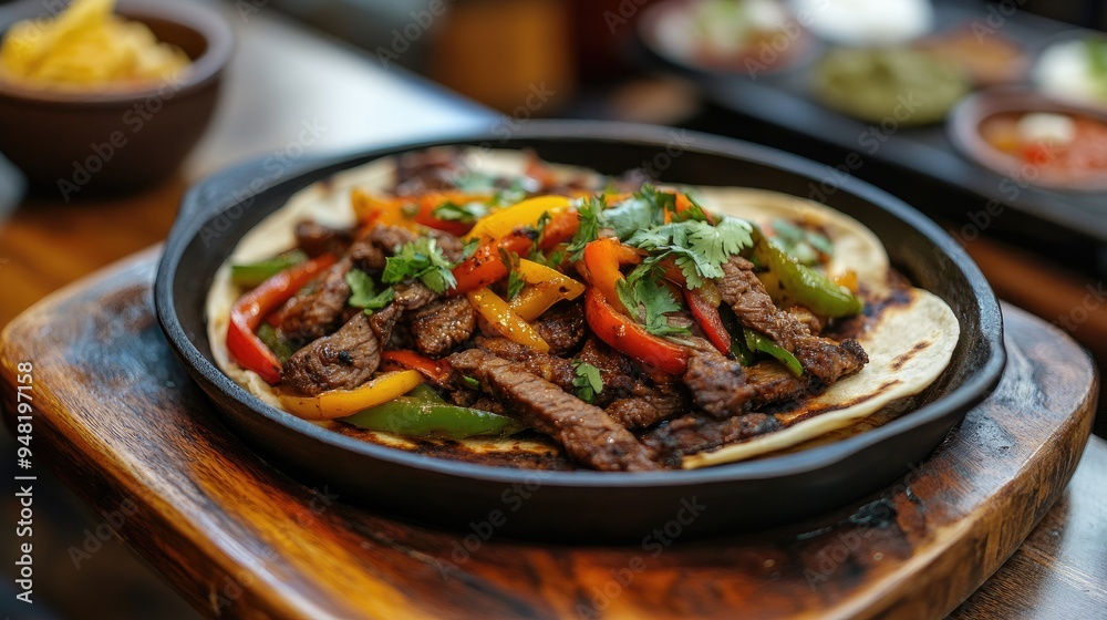 A sizzling platter of fajitas with tender beef, saut vegetables, and tortillas, offering a taste of traditional Mexican cuisine. A sizzling platter of fajitas with tender beef, saut vegetables, and tortillas, offering a taste of traditional Mexican cuisine.