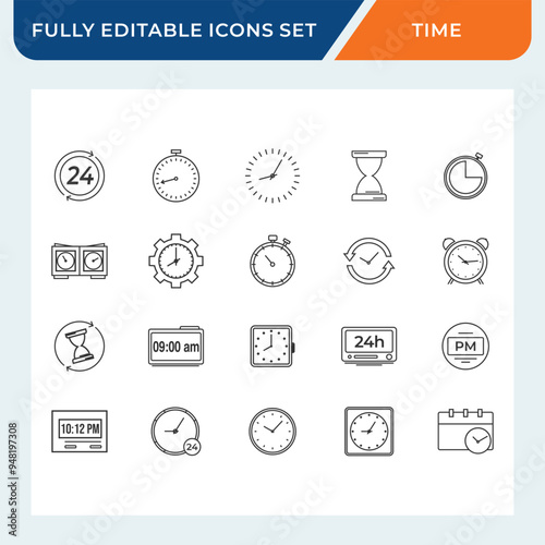 time clock line icon set with editable stroke