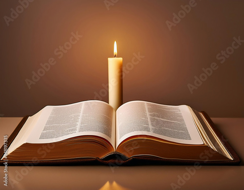 Open book with candle on wooden shelf in room. copy space for your design