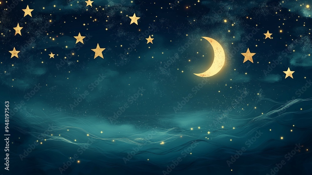 Naklejka premium Whimsical Night Sky with Crescent Moon, Stars, and Clouds in Minimalist Style. Perfect for Posters, Backgrounds, and Banners with Ample Negative Space for Custom Text or Design Elements