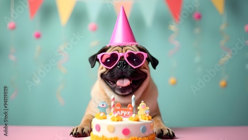 Portrait of a puppy. Dog celebrating brthday. birthday dog wearing sunglasses. Dog sitting in front of birthday cake photo