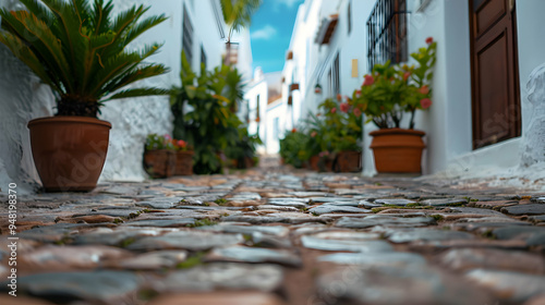 Fototapeta Naklejka Na Ścianę i Meble -  Narrow Alley Way With White Walls And Cobbleston