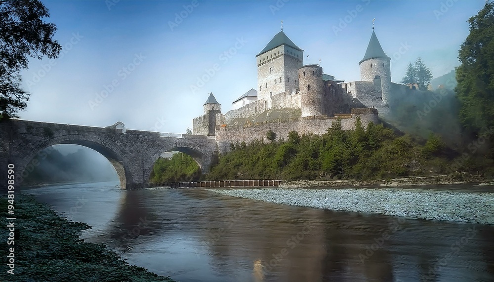Castillo medieval a los pies de un rio bravo, y un puente medieval cruzando el río Castillo medieval a los pies de un rio bravo, y un puente medieval cruzando el río