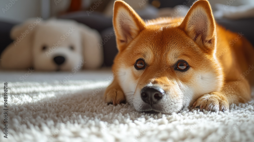 Shiba Inu dog lying on white carpet in stylish apartment, pet, breed, puppy, pet, domestic animal, house, living room, care, light background, floor, cute doggy, red fur, paws Shiba Inu dog lying on white carpet in stylish apartment, pet, breed, puppy, pet, domestic animal, house, living room, care, light background, floor, cute doggy, red fur, paws
