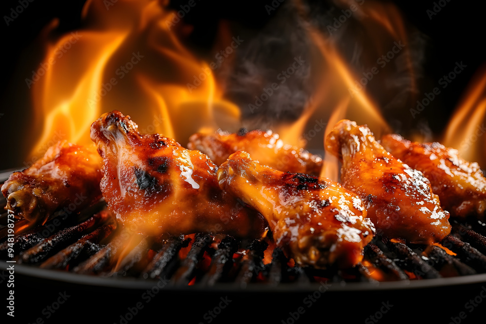 Chicken wings fire grilling burning. Chicken wings fire grilling burning.