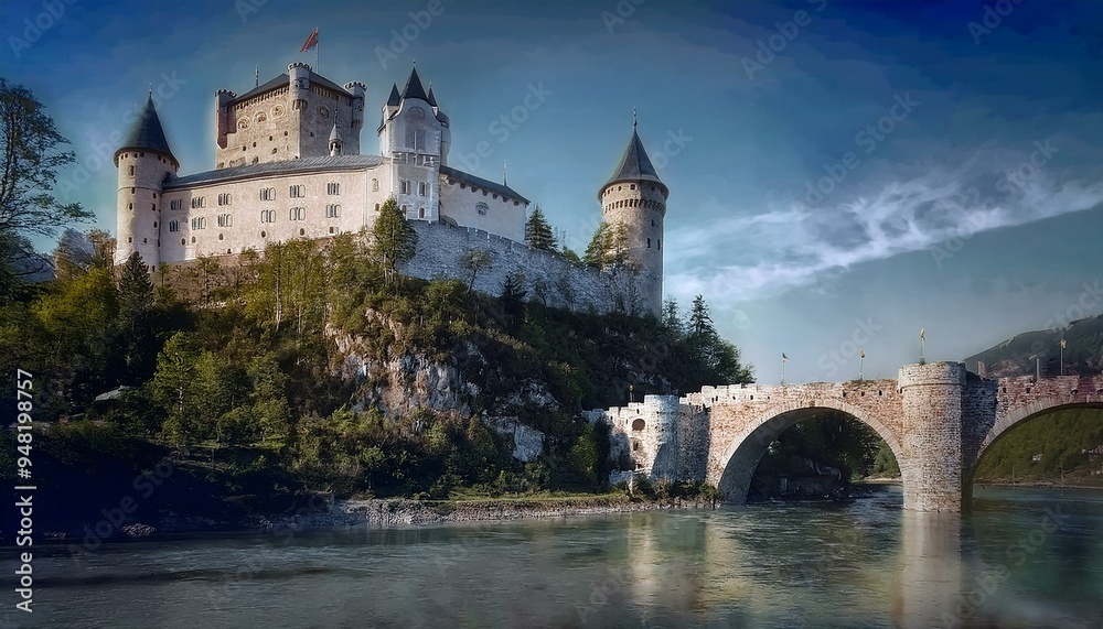 Castillo medieval a los pies de un rio bravo, y un puente medieval cruzando el río Castillo medieval a los pies de un rio bravo, y un puente medieval cruzando el río