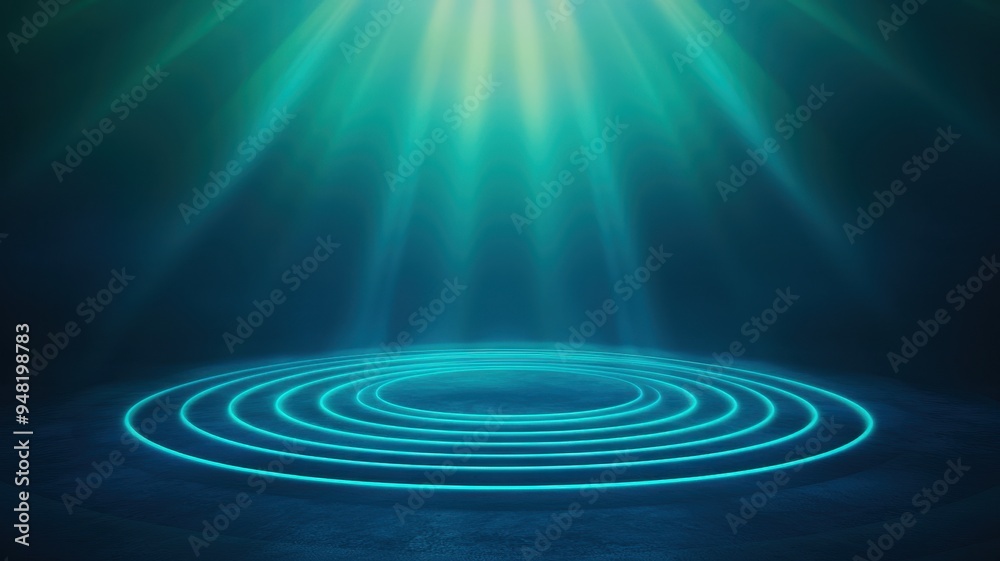Fototapeta premium A mesmerizing underwater scene with radiant light beams illuminating circular patterns, creating a tranquil atmosphere.