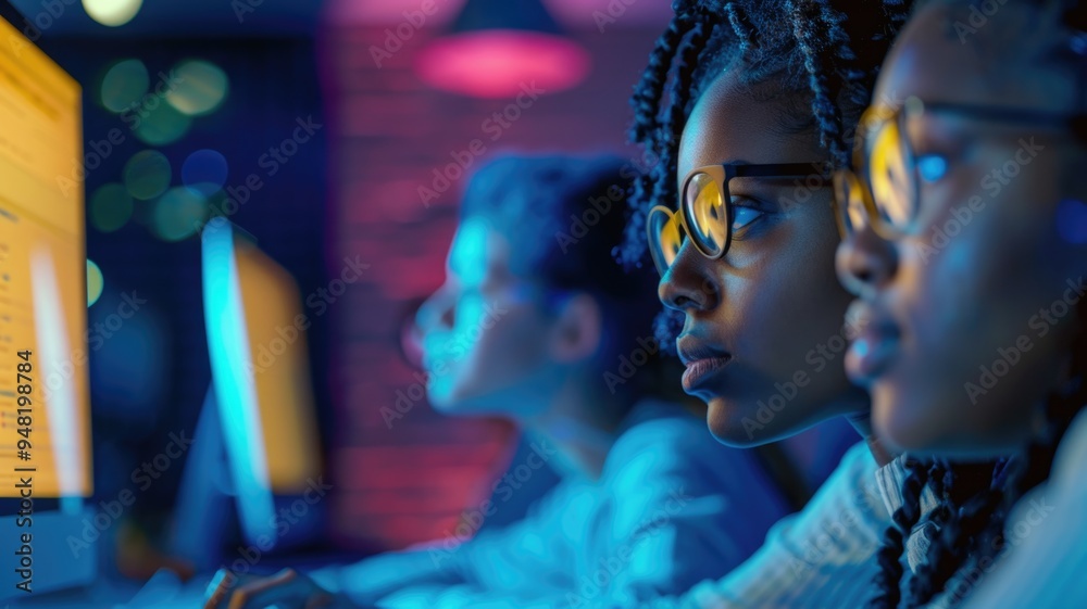 Obraz premium teenagers work on computer programming in a vibrant, neon-lit tech lab,STEM education