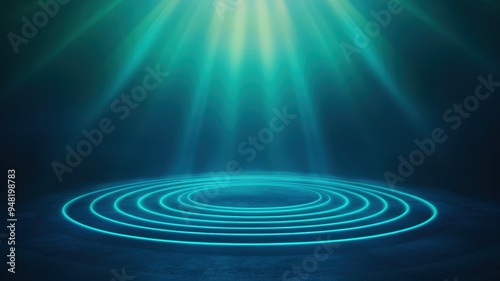 A mesmerizing underwater scene with radiant light beams illuminating circular patterns, creating a tranquil atmosphere.