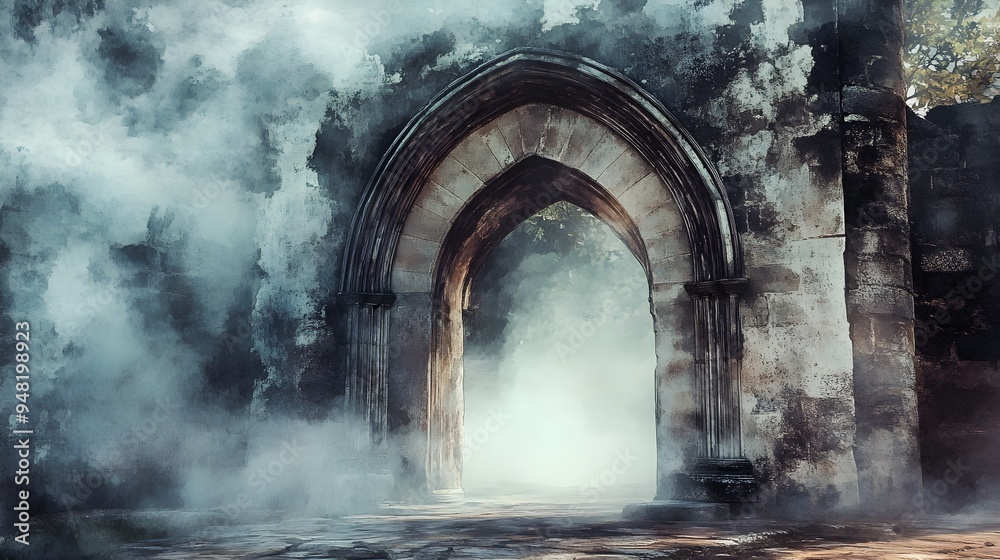 Captivating Gothic Arch Leads into Mysterious Fog in Watercolor Style Captivating Gothic Arch Leads into Mysterious Fog in Watercolor Style
