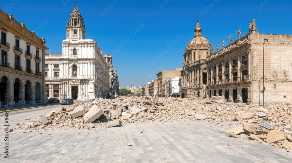 The corner wall of a building lies collapsed amid rubble and debris in the city center, showcasing severe earthquake damage to Mexican-style architecture The corner wall of a building lies collapsed amid rubble and debris in the city center, showcasing severe earthquake damage to Mexican-style architecture