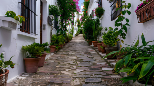 Fototapeta Naklejka Na Ścianę i Meble -  Narrow Alley Way With White Walls And Cobbleston