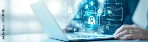 A closeup of a laptop showing a twofactor authentication screen with credentials and breach prevention highlighted by cybersecurity management tools