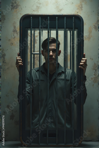 A person is seen imprisoned within a smartphone, emphasizing the theme of modern digital confinement and the influence of technology on personal freedom.
