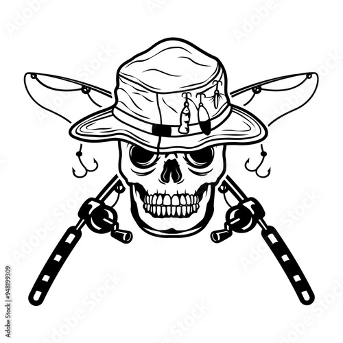 Fisherman Skull | Fishing Rod | Skull with Hat | Skeleton Fisherman | Dead Angling | Fisherman | Horror Fishing | Cross Fishing Rod | Original Illustration | Vector and Clipart | Cutfile and Stencil