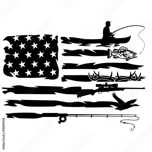 US Fishing & Hunting Flag | US Flag | Big Catch | Hunter Dad | Angling Dad | US Fisherman | US Hunter | Hunting Gun | Original Illustration | Vector and Clipart | Cutfile and Stencil