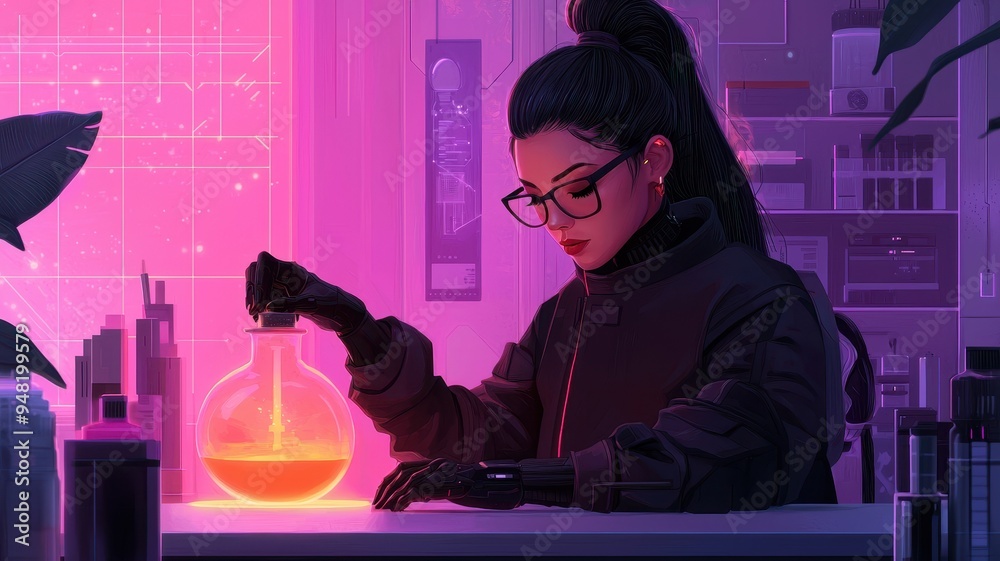 A scientist conducts an experiment in a colorful lab, blending science and art in a captivating atmosphere with glowing elements.