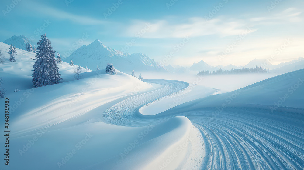 A serene winter landscape featuring snowy hills and a winding path under a soft blue sky, evoking tranquility and peace. A serene winter landscape featuring snowy hills and a winding path under a soft blue sky, evoking tranquility and peace.