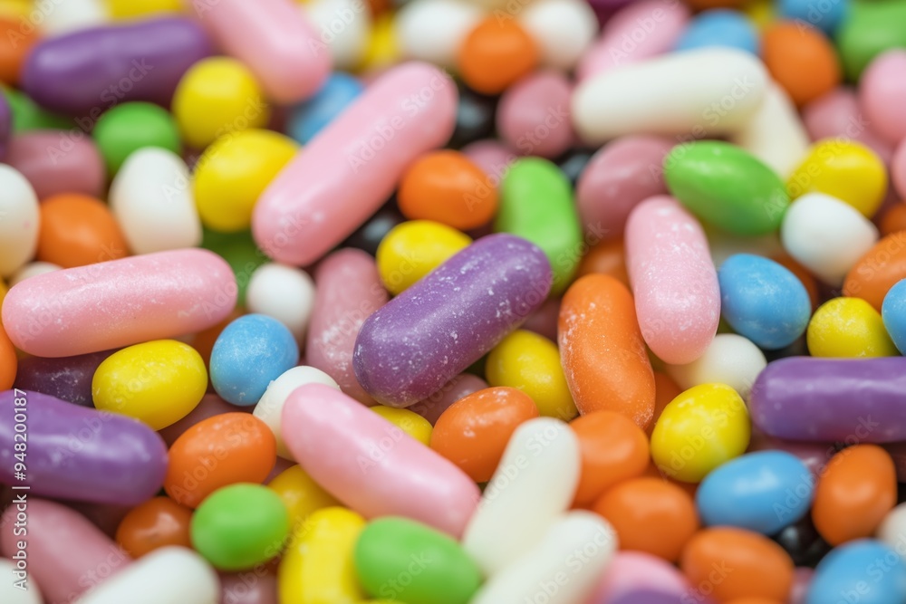 A variety of multicolored candy pills arranged randomly, creating a lively and cheerful visual composition. A variety of multicolored candy pills arranged randomly, creating a lively and cheerful visual composition.