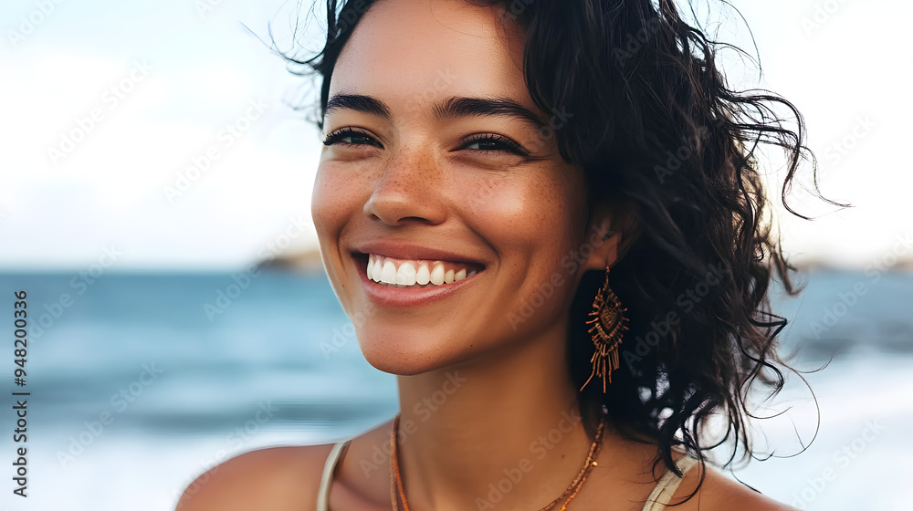 Close-up of smiling woman with wavy hair and bohemian jewelry at the seaside Close-up of smiling woman with wavy hair and bohemian jewelry at the seaside