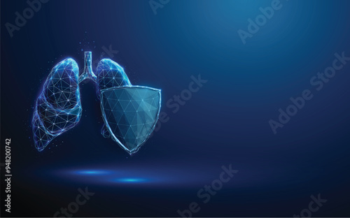 Abstract blue human lungs behind the futuristic guard shield. Lungs protection. Healthcare medical concept. Low poly style. Geometric background.
