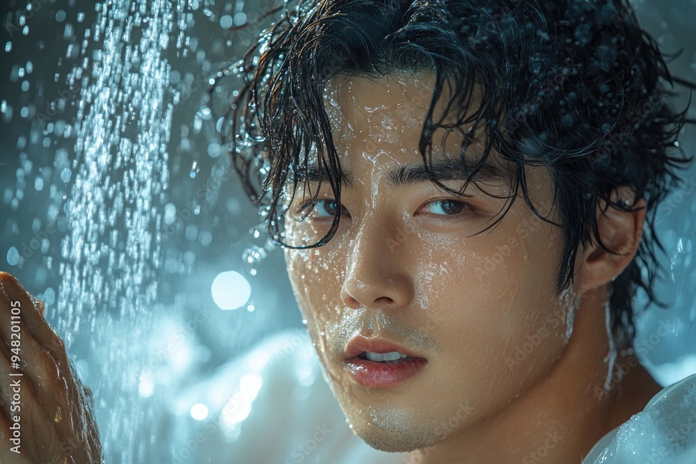 Stylish Korean Man in Refreshing Shower: Neo Pop Sensibility Meets Modern Advertising Photography Stylish Korean Man in Refreshing Shower: Neo Pop Sensibility Meets Modern Advertising Photography