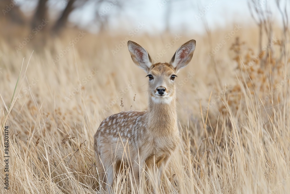 Fototapeta premium A young deer stands alert in a field of tall golden grass, exhibiting grace and natural beauty in its tranquil habitat.