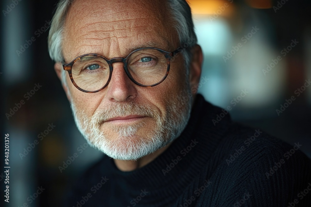 Handsome Senior Businessman in Glasses, Serious Expression, Natural Look, and Confident Stance