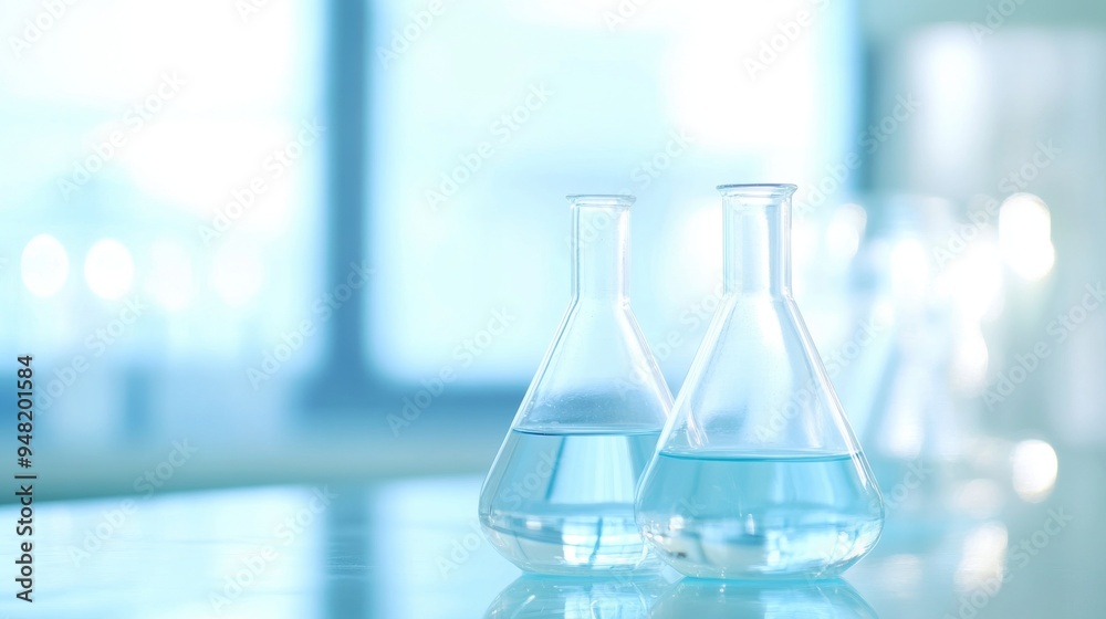 Two glass laboratory flasks with blue liquid, placed on a reflective surface in a bright, modern scientific environment. Two glass laboratory flasks with blue liquid, placed on a reflective surface in a bright, modern scientific environment.