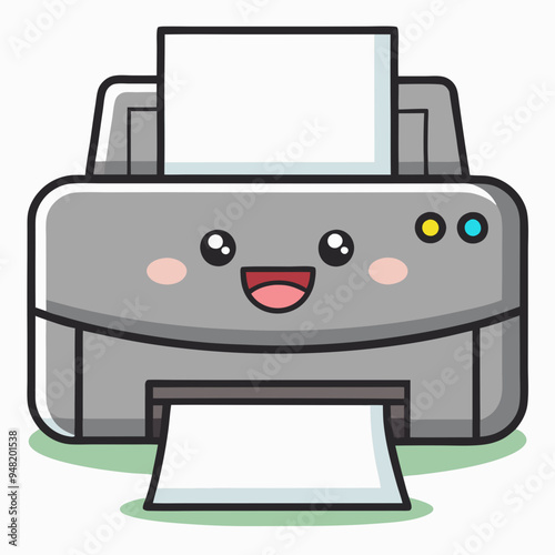 Grey printer printing and smiling stock illustration