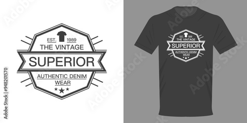 Vector illustration. VINTAGE SUPERIOR DENIM AUTHENTIC WEAR. Retro design of fashionable t-shirt in minimalist style. Highest quality streetwear. Premium quality, Original design and style in two color