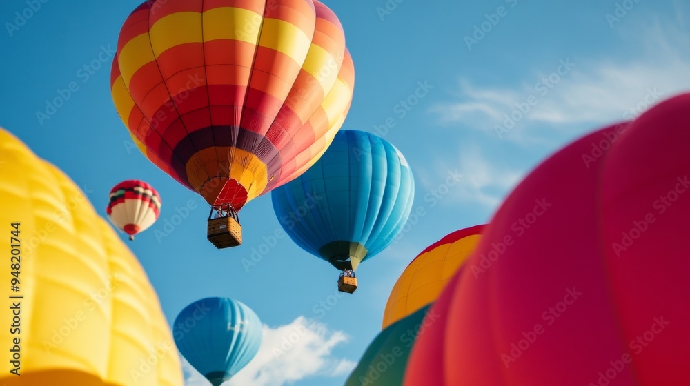 Obraz premium A colorful array of hot air balloons floating against a clear blue sky, evoking a sense of adventure and freedom.
