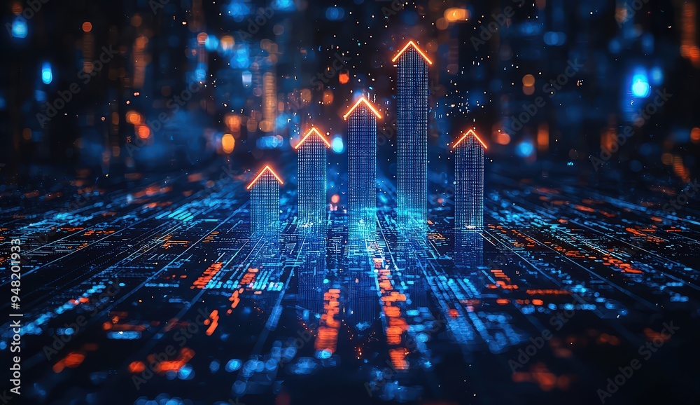 A blue background with upward arrows and financial graphs, representing the concept of stock market growth or capital growth in a business A blue background with upward arrows and financial graphs, representing the concept of stock market growth or capital growth in a business