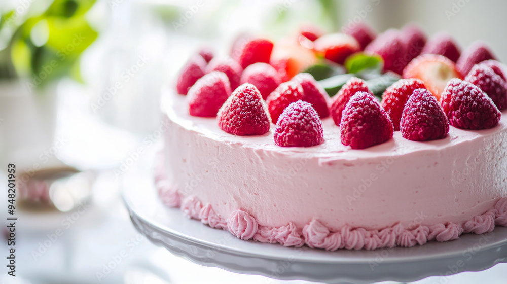 A beautiful raspberry cake with soft pink frosting, topped with fresh raspberries, perfect for celebrations and special occasions. A beautiful raspberry cake with soft pink frosting, topped with fresh raspberries, perfect for celebrations and special occasions.