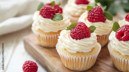 Vanilla cupcakes topped with fresh raspberries and mint leaves, beautifully arranged on a wooden tray, perfect for a delightful dessert.