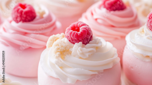 Delicate meringue desserts topped with fresh raspberries and whipped cream, presented in soft pink hues for an elegant sweet treat.