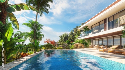 Wallpaper Mural A luxurious tropical villa with a pristine pool, surrounded by lush greenery and palm trees, creating a perfect retreat in paradise. Torontodigital.ca