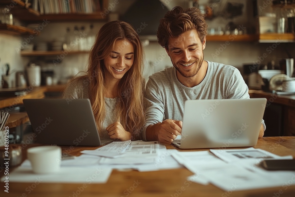 Couple Planning Finances at Home: Budgeting, Savings, Taxes, and Debt Management with Laptop