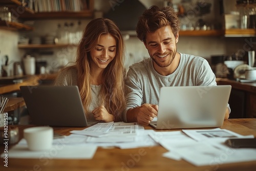 Obraz na płótnie Couple Planning Finances at Home: Budgeting, Savings, Taxes, and Debt Management with Laptop w salonie
